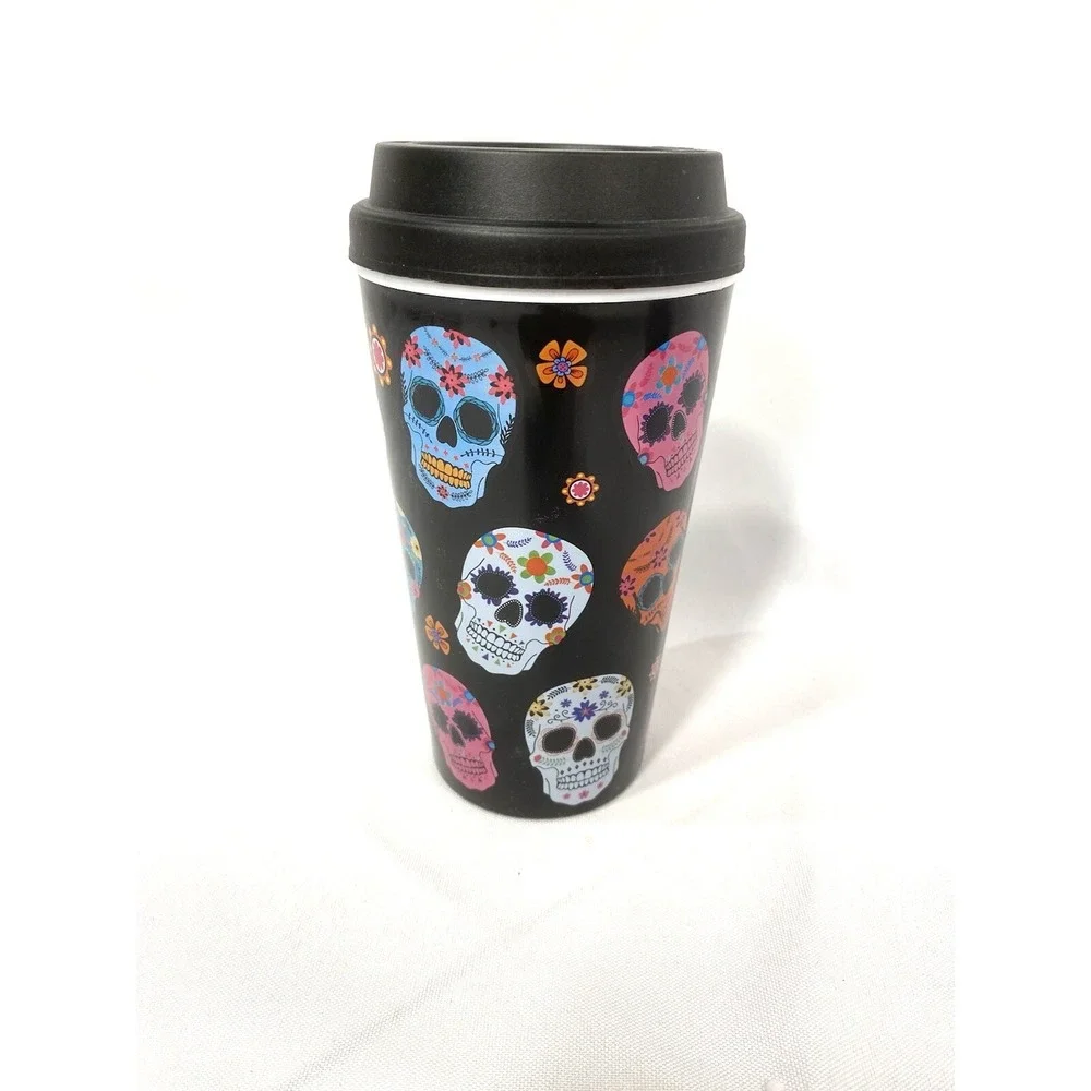 new black sugar skull travel coffee mug with twist on lid 12.4‎ oz